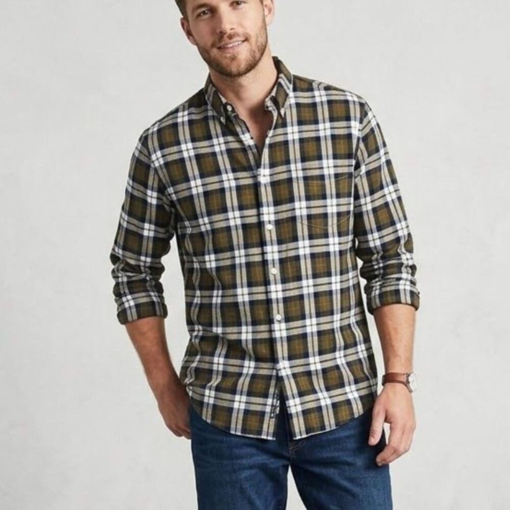 Lands' End Men's Large Brown Plaid No-Iron Cotton Button-Down Classic Shirt SZ L